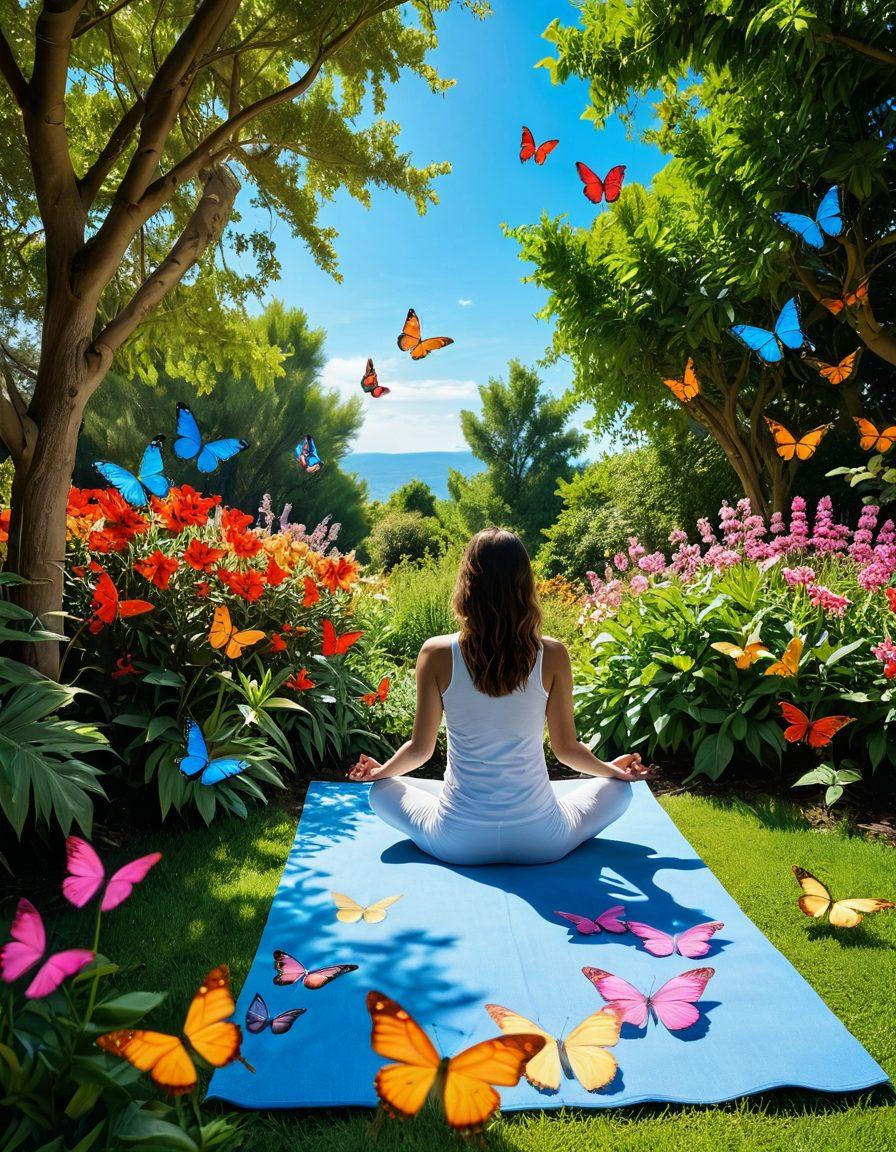 A serene landscape featuring a lush garden with vibrant flowers stretching towards a bright blue sky, symbolizing growth and hope. In the foreground, a person meditates peacefully on a colorful yoga mat, surrounded by butterflies, signifying transformation and positivity. The scene is warm and inviting, filled with sunlight. surrealistic. vibrant colors. soft focus.
