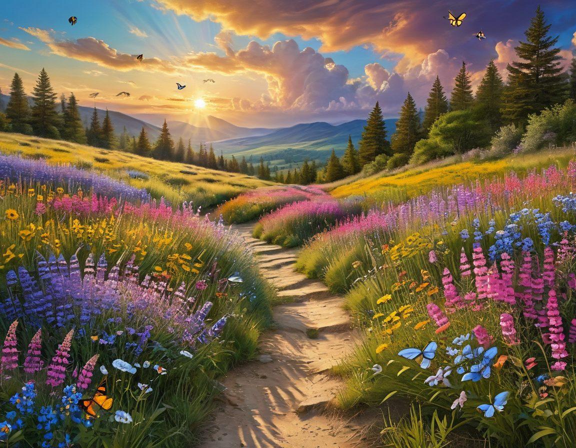 A serene landscape featuring a sunlit path surrounded by vibrant wildflowers, symbolizing joy and fulfillment. Include a person walking with a light smile, embodying happiness and positivity. The sky is bright blue with fluffy clouds, and playful butterflies flutter around, adding a sense of whimsy. Enhance the image with warm, uplifting colors to evoke a sense of peace and joy. super-realistic. vibrant colors. natural setting.