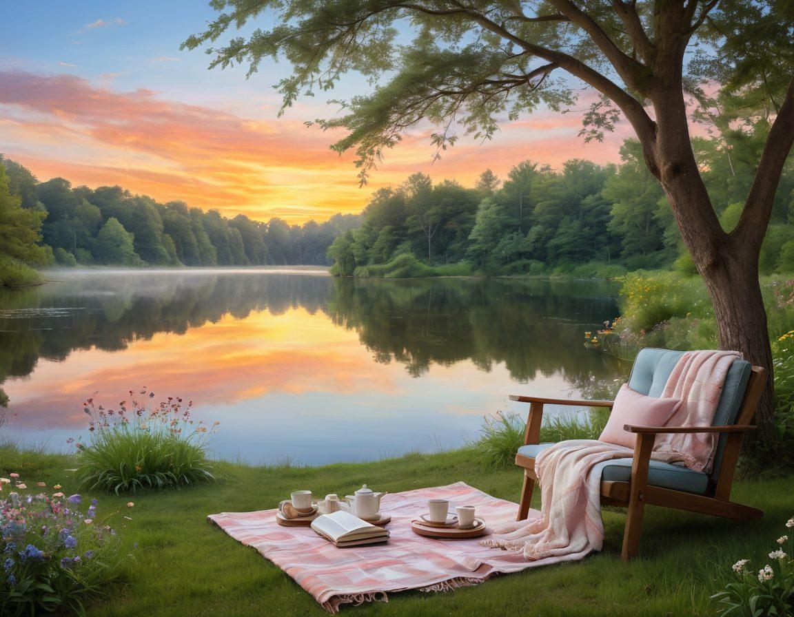 A serene landscape featuring a tranquil sunset over a peaceful lake, with a cozy picnic setup nearby, including a journal and a steaming cup of tea. Soft, pastel colors create a soothing atmosphere, while wildflowers surround the scene, symbolizing growth and healing. A gentle breeze rustles the leaves of nearby trees, promoting a sense of calm and reflection. super-realistic. pastel colors. tranquil setting.